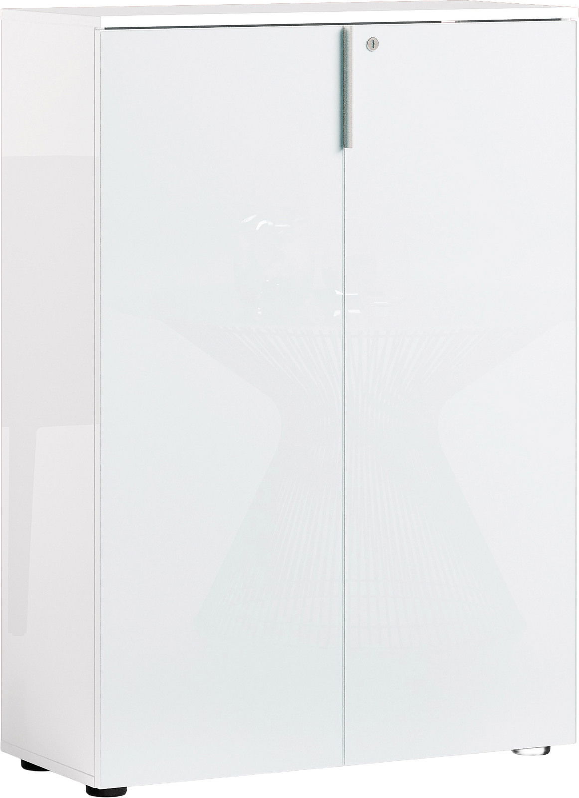 Weißer, niedriger Aktenschrank mit zwei Türen und Schloss, seitliche Perspektive