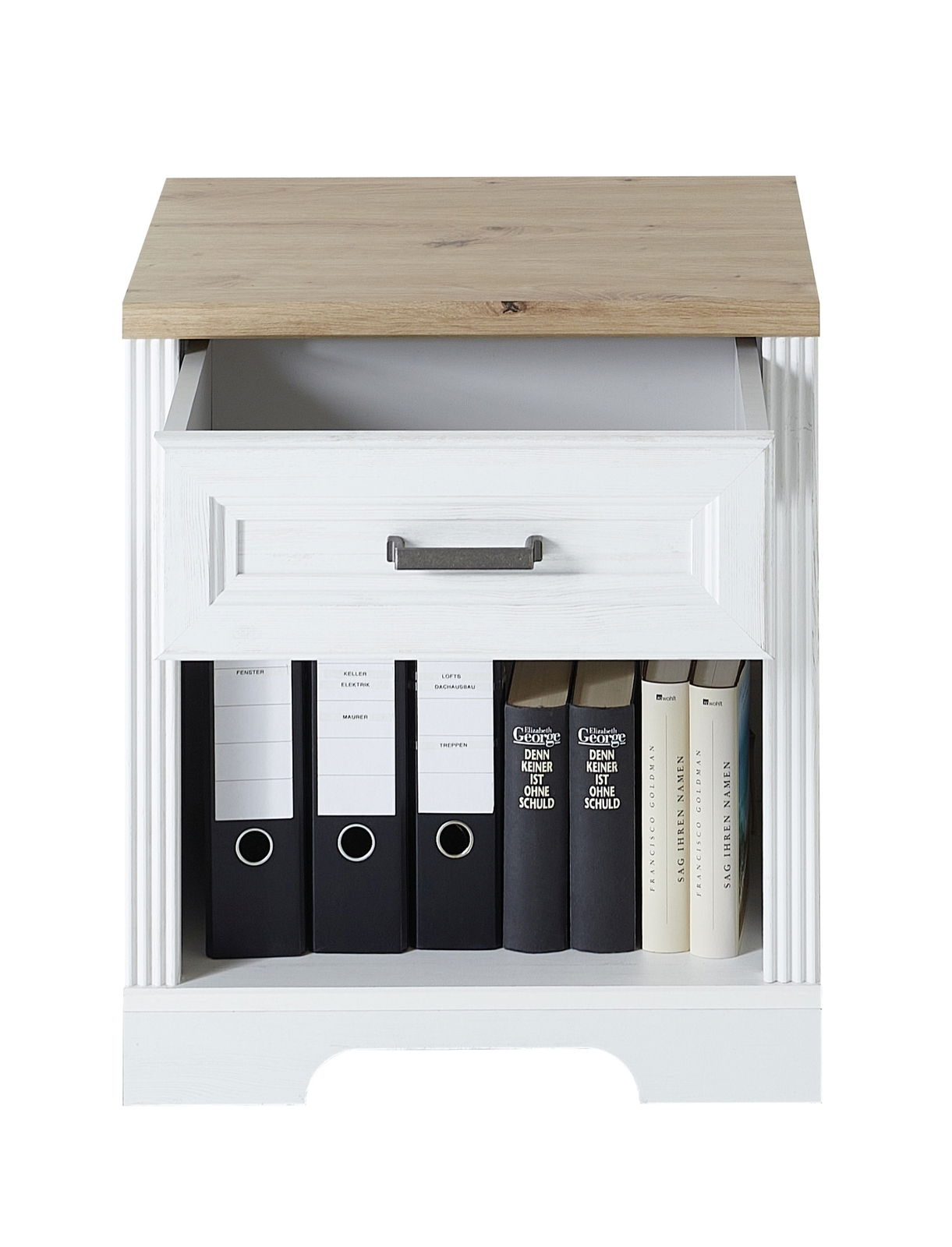 Frontale Ansicht eines weißen Rollcontainers der Serie JUDITH mit einer Holzplatte, einer offenen Schublade und einem Fach mit Ordnern und Büchern.