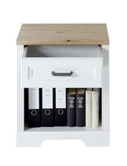 Frontale Ansicht eines weißen Rollcontainers der Serie JUDITH mit einer Holzplatte, einer offenen Schublade und einem Fach mit Ordnern und Büchern.