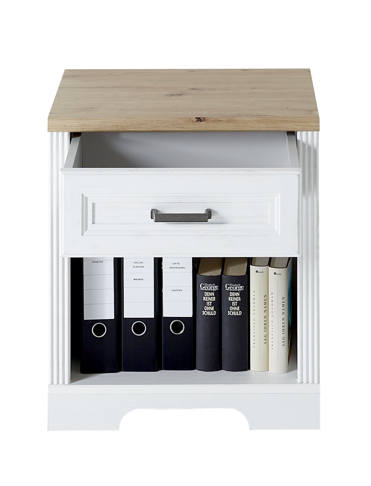 Frontale Ansicht eines weißen Rollcontainers der Serie JUDITH mit einer Holzplatte, einer offenen Schublade und einem Fach mit Ordnern und Büchern.