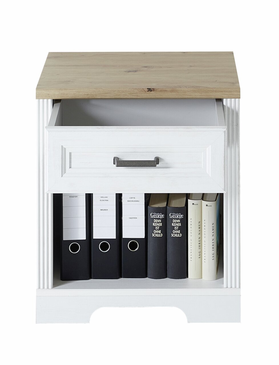 Frontale Ansicht eines weißen Rollcontainers der Serie JUDITH mit einer Holzplatte, einer offenen Schublade und einem Fach mit Ordnern und Büchern.