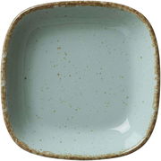 Vogelperspektive auf eine blaue, quadratische Dipschale mit rustikalem Rand und gesprenkeltem Design.