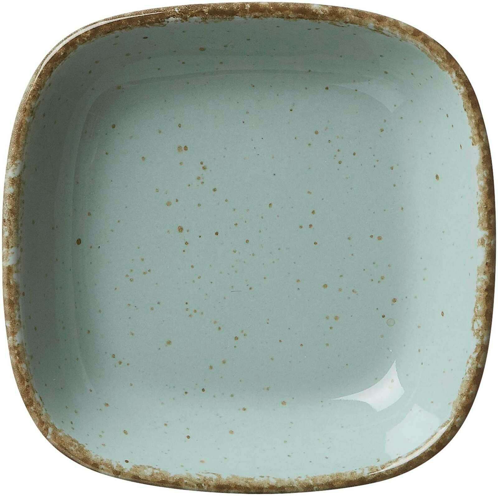 Vogelperspektive auf eine blaue, quadratische Dipschale mit rustikalem Rand und gesprenkeltem Design.