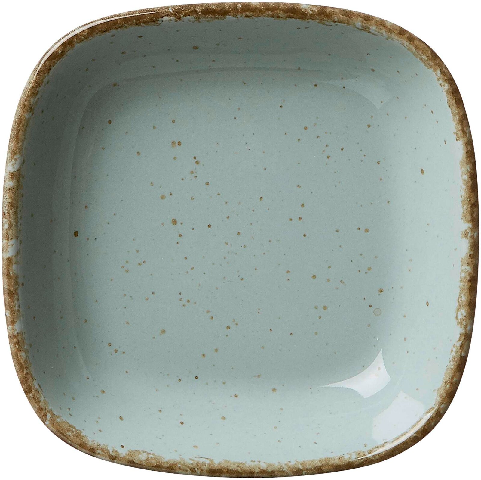 Vogelperspektive auf eine blaue, quadratische Dipschale mit rustikalem Rand und gesprenkeltem Design.