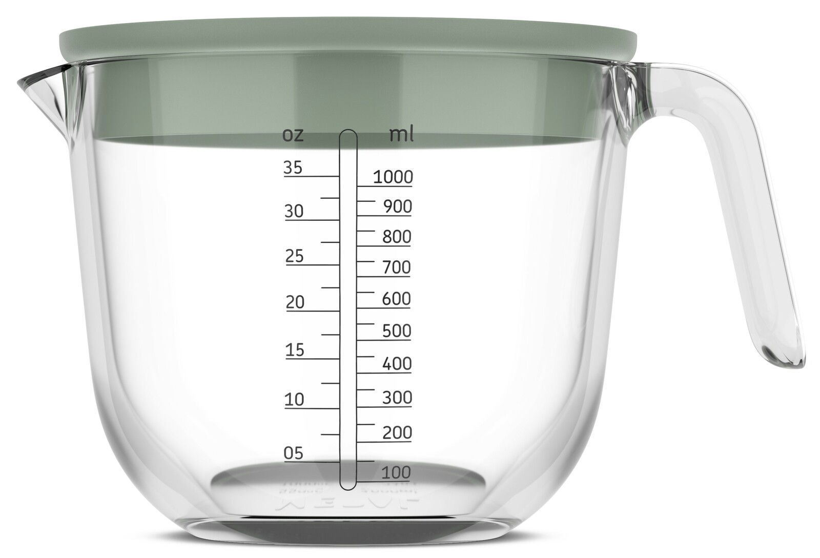 Glas-Messbecher mit 1000 ml Fassungsvermögen, seitliche Ansicht mit Skala in ml und oz, grünem Deckel und Griff.