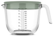 Glas-Messbecher mit 1000 ml Fassungsvermögen, seitliche Ansicht mit Skala in ml und oz, grünem Deckel und Griff.