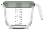 Glazen maatbeker met een inhoud van 1000 ml, zijaanzicht met schaalverdeling in ml en oz, groene deksel en handvat.