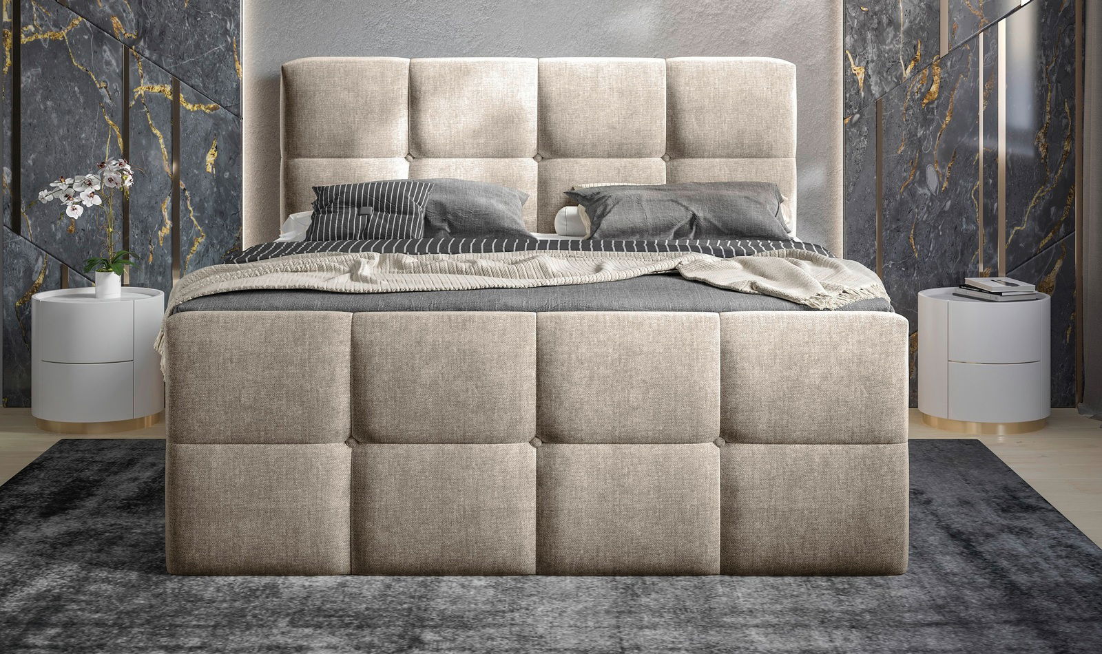 Frontale Ansicht eines eleganten Boxbetts mit gepolstertem Kopfteil in einem modernen Schlafzimmer.