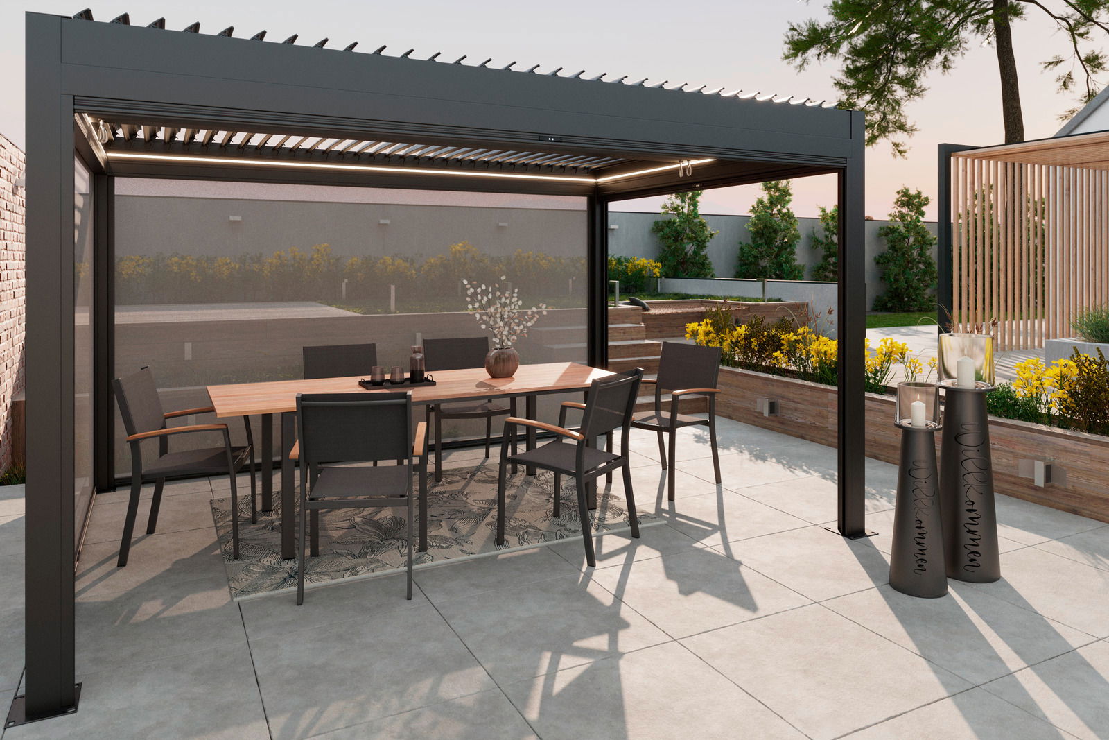 Amatio Pavillon PARA Moderner Pavillon mit Esstisch und Stühlen, seitliche Perspektive