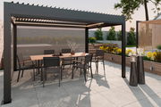 Moderner Pavillon mit Esstisch und Stühlen, seitliche Perspektive