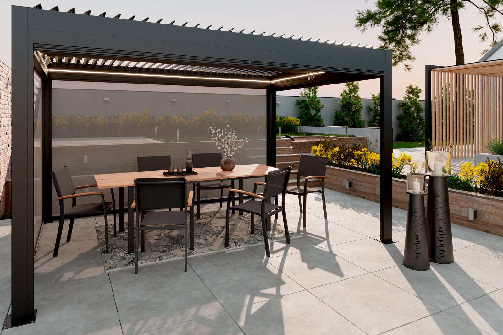 Moderner Pavillon mit Esstisch und Stühlen, seitliche Perspektive