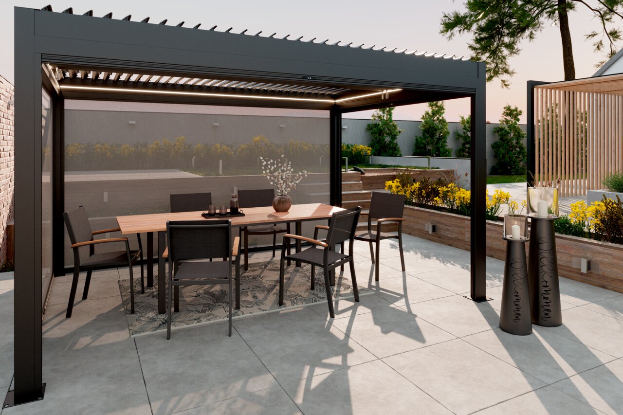 Amatio Pavillon PARA Moderner Pavillon mit Esstisch und Stühlen, seitliche Perspektive