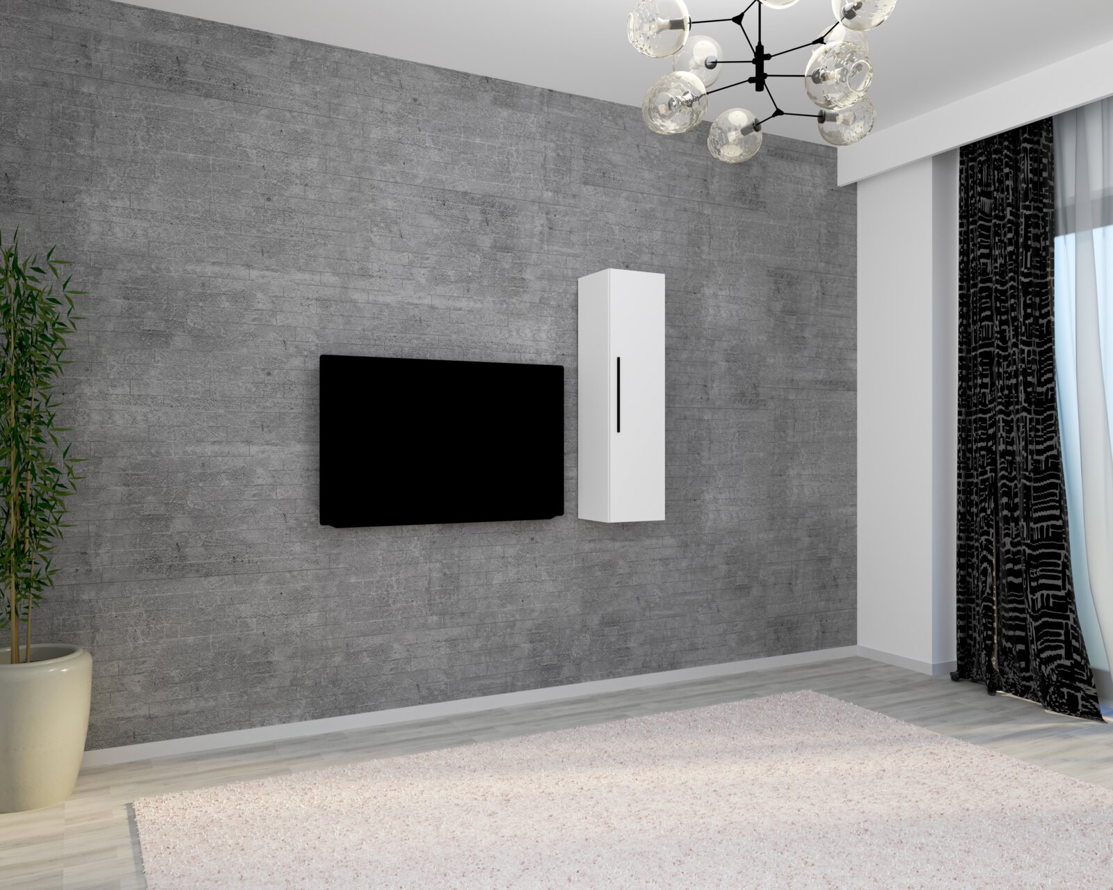 Modernes Wohnzimmer mit grauer Betonwand: wandmontierter schwarzer Flachbildfernseher und schlanker weißer Wandschrank/Regal, perspektivisch in leichter Schrägansicht von vorn aufgenommen.