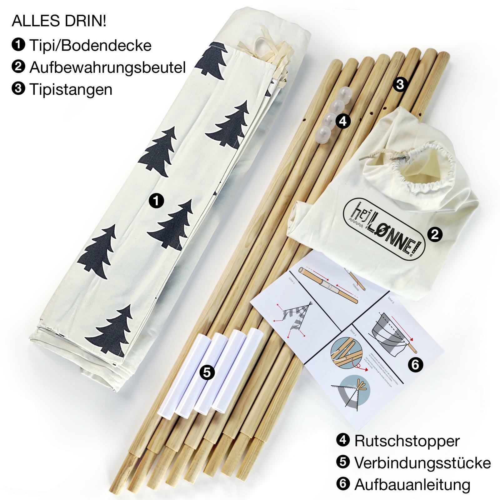 Tipi-Zelt-Set mit Baum-Muster, bestehend aus Tipi/Bodendecke, Aufbewahrungsbeutel, Tipistangen, Rutschstopper, Verbindungsstücke und Aufbauanleitung. Draufsicht auf alle Komponenten.