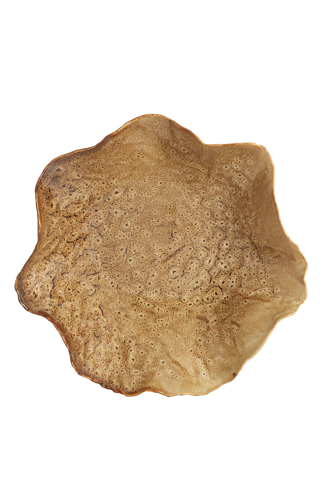 Obenansicht einer organisch geformten, braunen Schale mit unregelmäßiger Oberfläche.