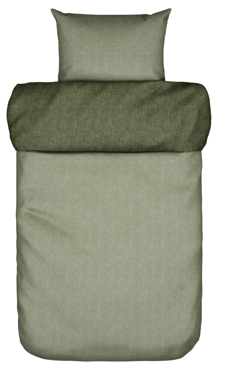 Marc O'Polo Bettwäsche 135x200cm Bettwäsche-Set in Grün, bestehend aus einem Kissenbezug und einem Bettdeckenbezug, aus der Vogelperspektive fotografiert.