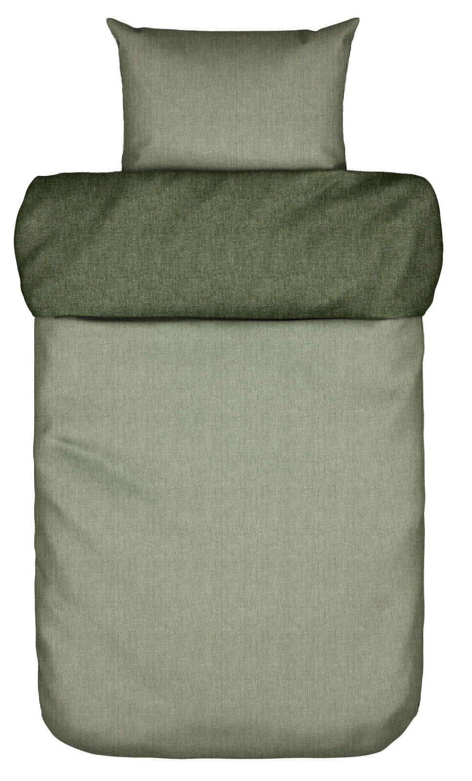 Bettwäsche-Set in Grün, bestehend aus einem Kissenbezug und einem Bettdeckenbezug, aus der Vogelperspektive fotografiert.