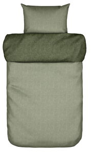 Bettwäsche-Set in Grün, bestehend aus einem Kissenbezug und einem Bettdeckenbezug, aus der Vogelperspektive fotografiert.