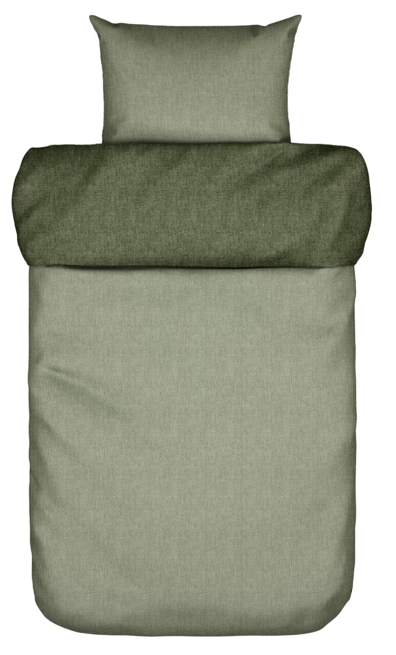 Marc O'Polo Bettwäsche 135x200cm Bettwäsche-Set in Grün, bestehend aus einem Kissenbezug und einem Bettdeckenbezug, aus der Vogelperspektive fotografiert.