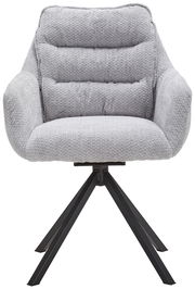 Grauer Armlehnstuhl mit gepolsterter Sitzfläche und Rückenlehne, auf schwarzem Metallgestell, Frontalansicht