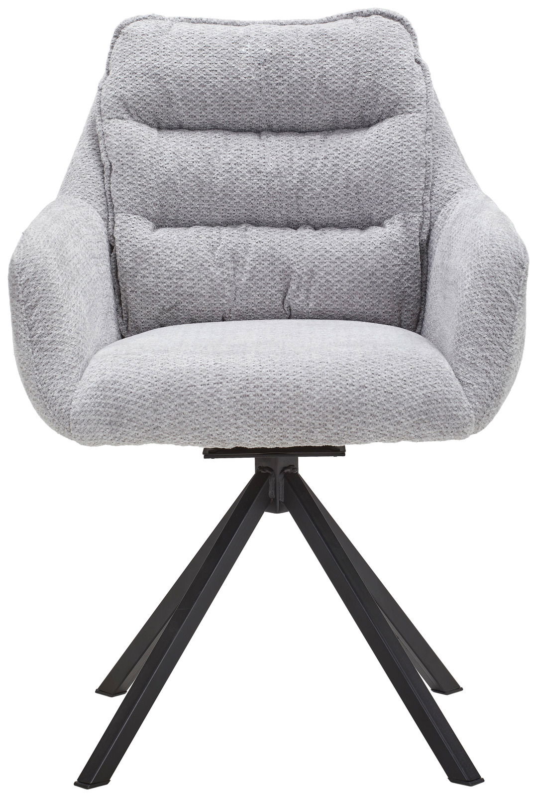 Grauer Armlehnstuhl mit gepolsterter Sitzfläche und Rückenlehne, auf schwarzem Metallgestell, Frontalansicht