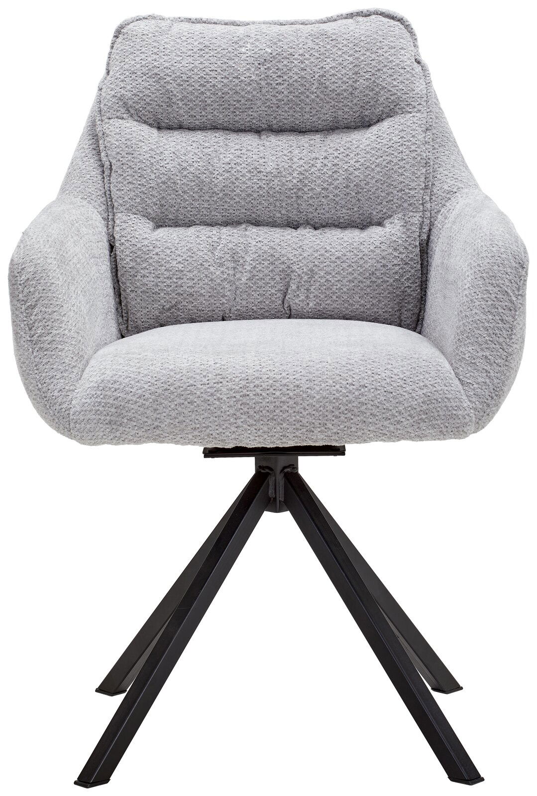 Grauer Armlehnstuhl mit gepolsterter Sitzfläche und Rückenlehne, auf schwarzem Metallgestell, Frontalansicht