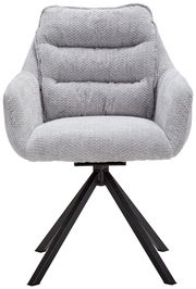 Grauer Armlehnstuhl mit gepolsterter Sitzfläche und Rückenlehne, auf schwarzem Metallgestell, Frontalansicht