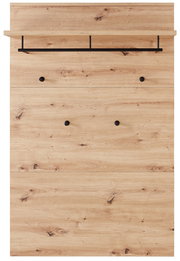 Frontale Ansicht eines Garderoben-Sets aus hellem Holz mit schwarzen Haken und einer Ablage.