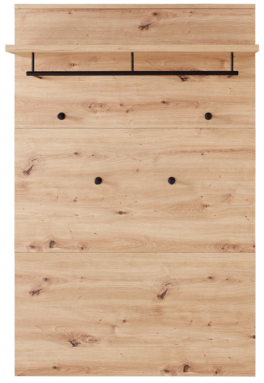Frontale Ansicht eines Garderoben-Sets aus hellem Holz mit schwarzen Haken und einer Ablage.
