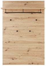 Frontale Ansicht eines Garderoben-Sets aus hellem Holz mit schwarzen Haken und einer Ablage.