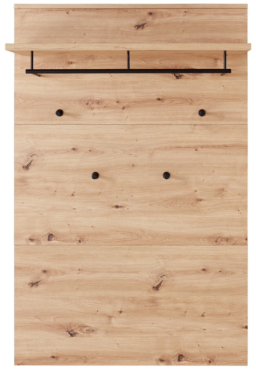 Frontale Ansicht eines Garderoben-Sets aus hellem Holz mit schwarzen Haken und einer Ablage.