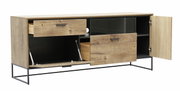 Geöffnetes Sideboard MANHATTAN von Zurbrüggen in Holzoptik mit Metallgestell, Schubladen und Türen, seitliche Perspektive