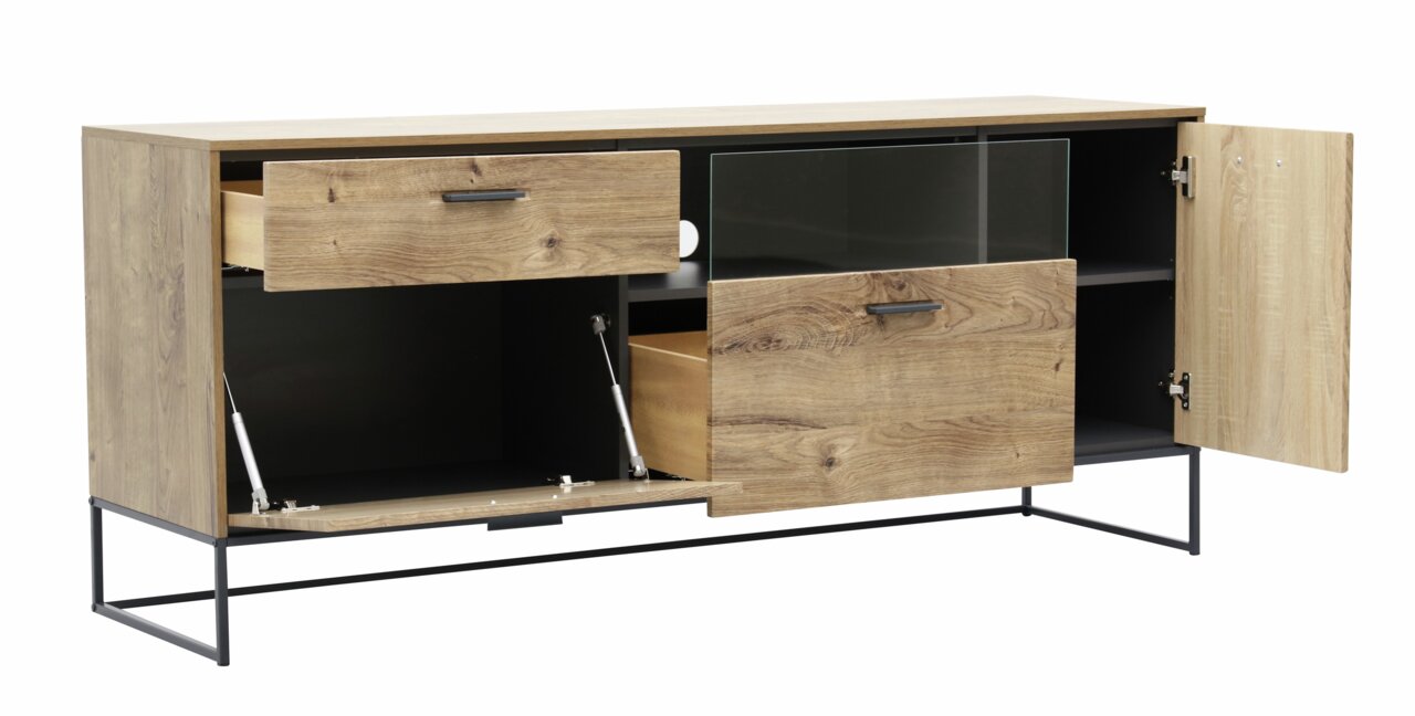 Geöffnetes Sideboard MANHATTAN von Zurbrüggen in Holzoptik mit Metallgestell, Schubladen und Türen, seitliche Perspektive