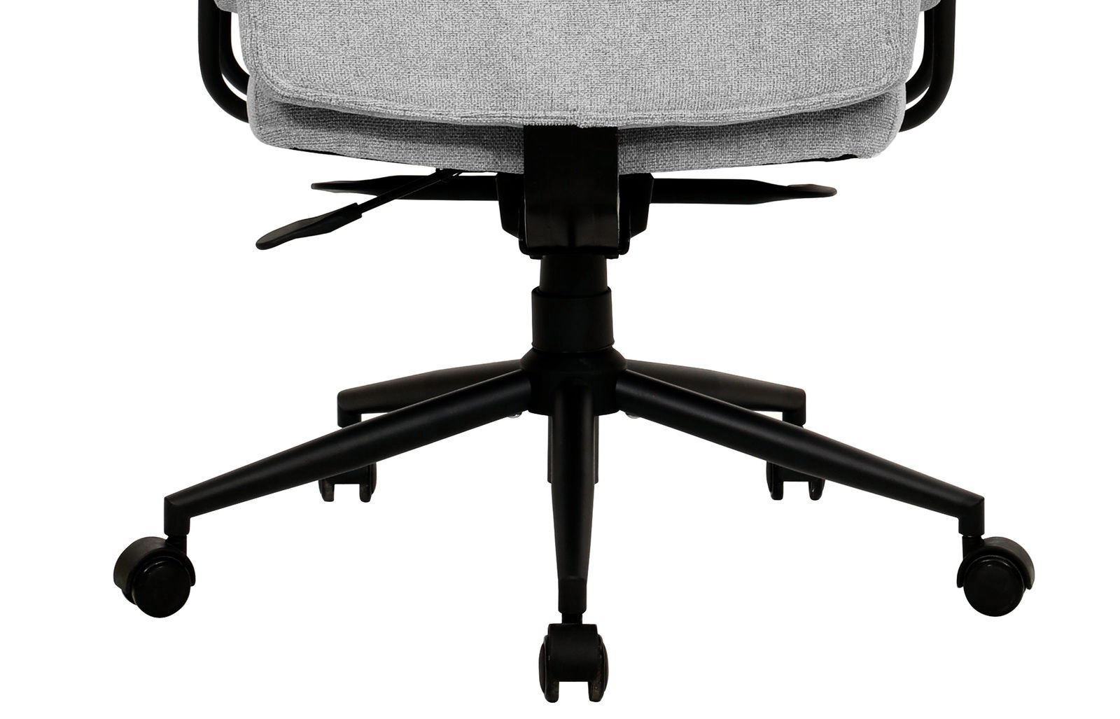 Rückansicht eines Chefsessels mit grauem Stoffbezug und schwarzem Fußkreuz auf Rollen.