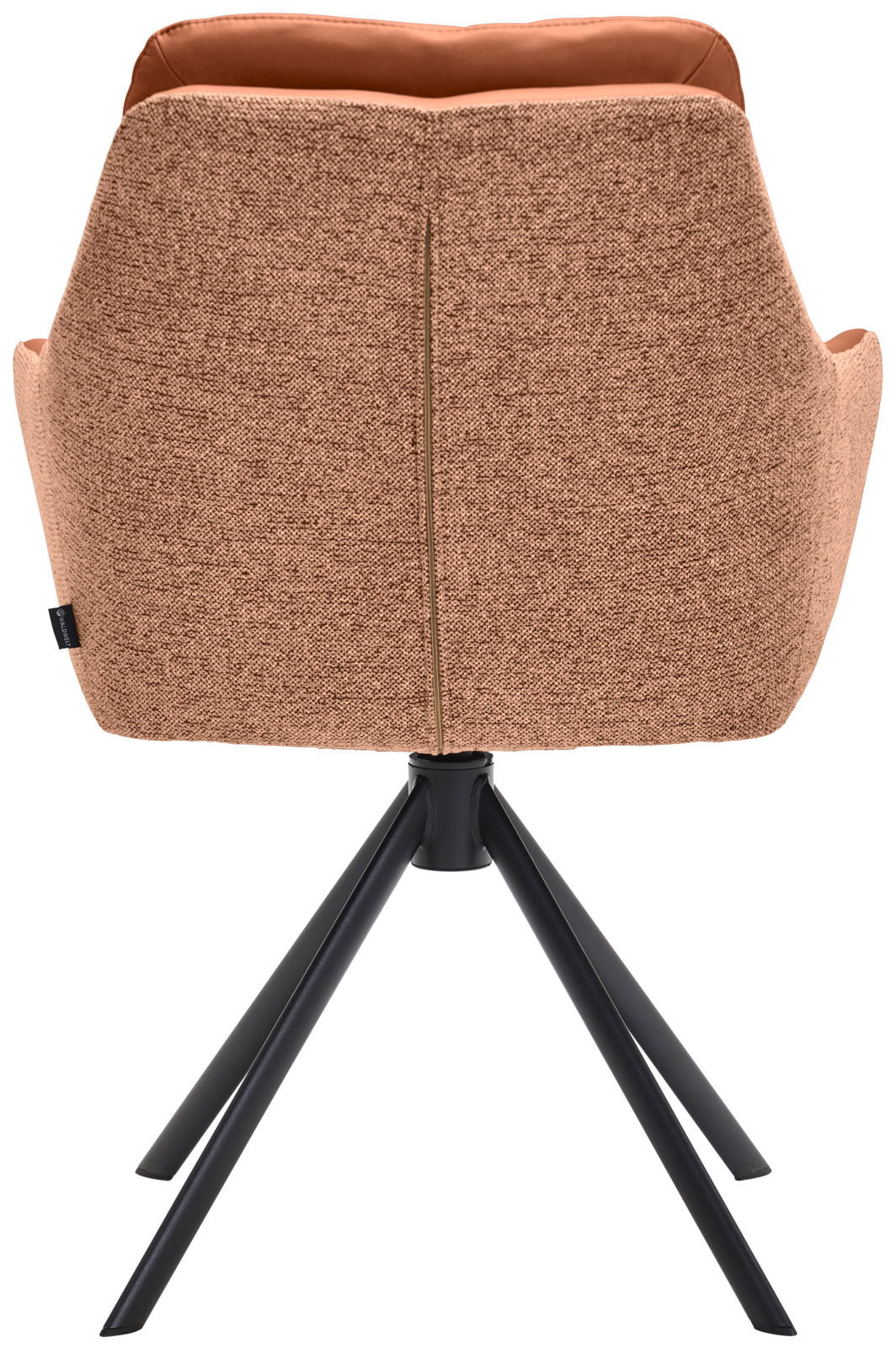 Waldwelt Armlehnstuhl ARUBA Rückansicht eines Armlehnstuhls mit braunem Stoffbezug und schwarzem Metallgestell.