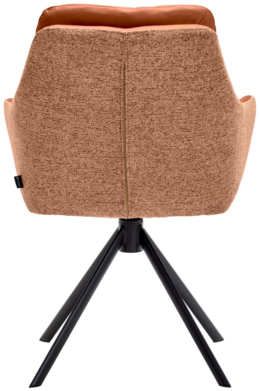 Rückansicht eines Armlehnstuhls mit braunem Stoffbezug und schwarzem Metallgestell.