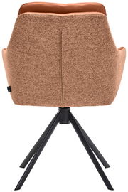 Rückansicht eines Armlehnstuhls mit braunem Stoffbezug und schwarzem Metallgestell.