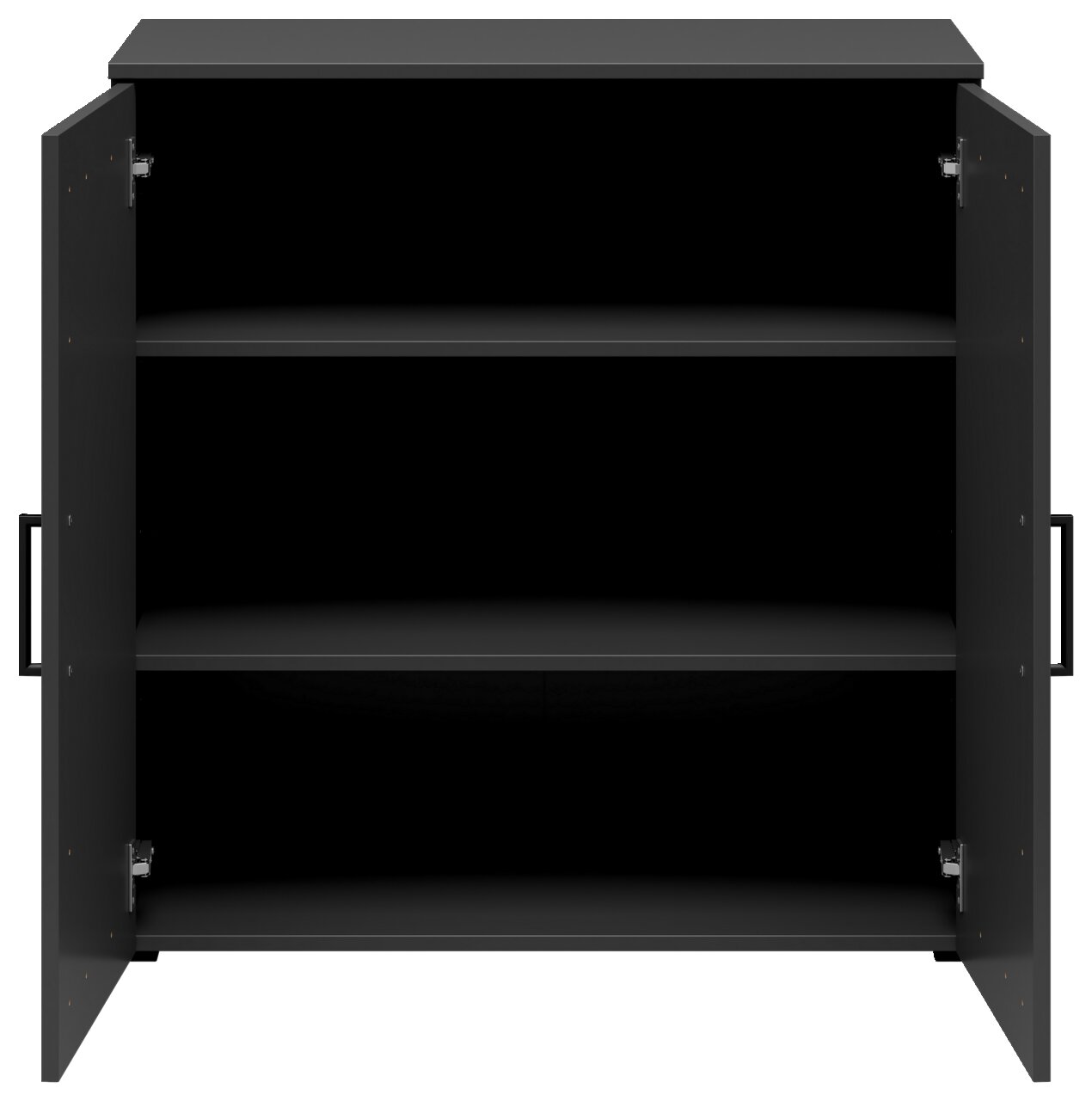 Schwarze Kommode mit zwei offenen Türen und drei Regalböden, frontale Ansicht