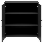 Schwarze Kommode mit zwei offenen Türen und drei Regalböden, frontale Ansicht