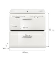 Weißer Badezimmer-Waschtischunterschrank mit integriertem Waschbecken und zwei Schubladen, Frontansicht mit Maßangaben (Breite 60 cm, Tiefe 46 cm, Höhe 53 cm)