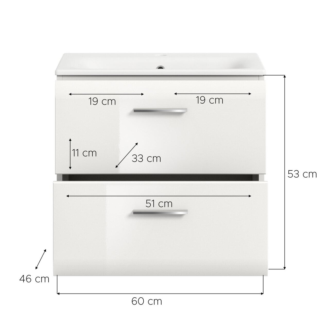 Weißer Badezimmer-Waschtischunterschrank mit integriertem Waschbecken und zwei Schubladen, Frontansicht mit Maßangaben (Breite 60 cm, Tiefe 46 cm, Höhe 53 cm)