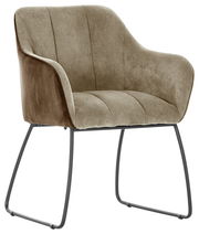 Moderner Armlehnstuhl mit beigem Stoffbezug und Metallbeinen, seitliche Perspektive