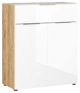 Moderne Kommode mit weißer Hochglanzfront und Holzseiten, seitliche Perspektive