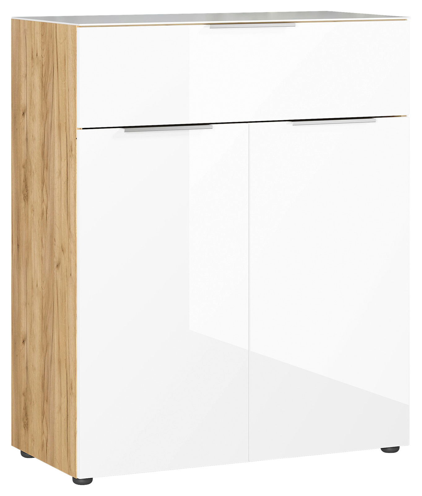 Moderne Kommode mit weißer Hochglanzfront und Holzseiten, seitliche Perspektive