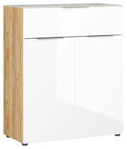 Moderne Kommode mit weißer Hochglanzfront und Holzseiten, seitliche Perspektive