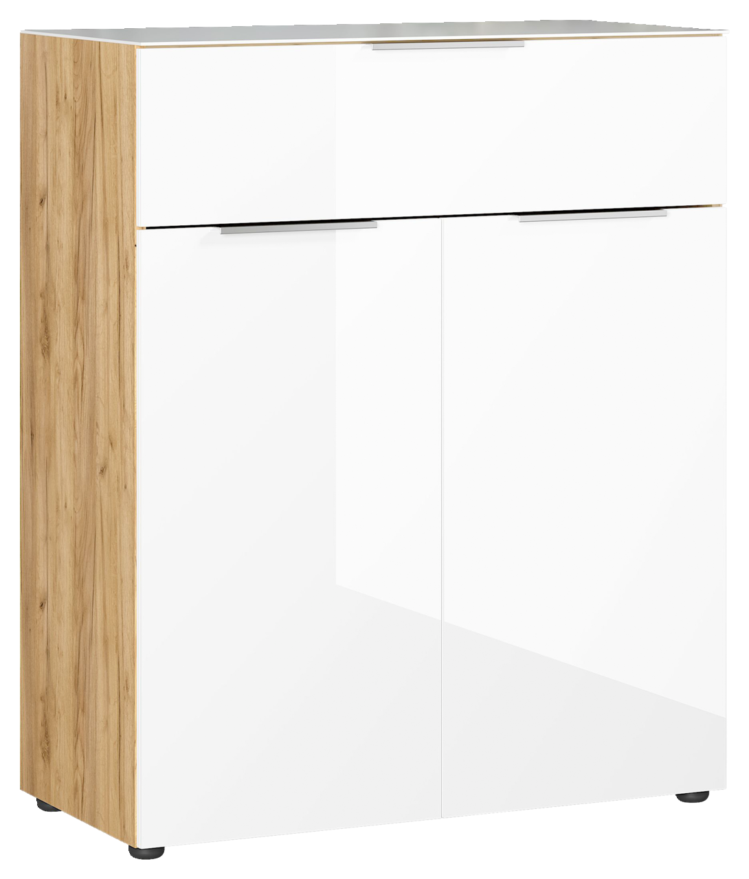 Moderne Kommode mit weißer Hochglanzfront und Holzseiten, seitliche Perspektive