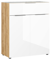 Moderne Kommode mit weißer Hochglanzfront und Holzseiten, seitliche Perspektive