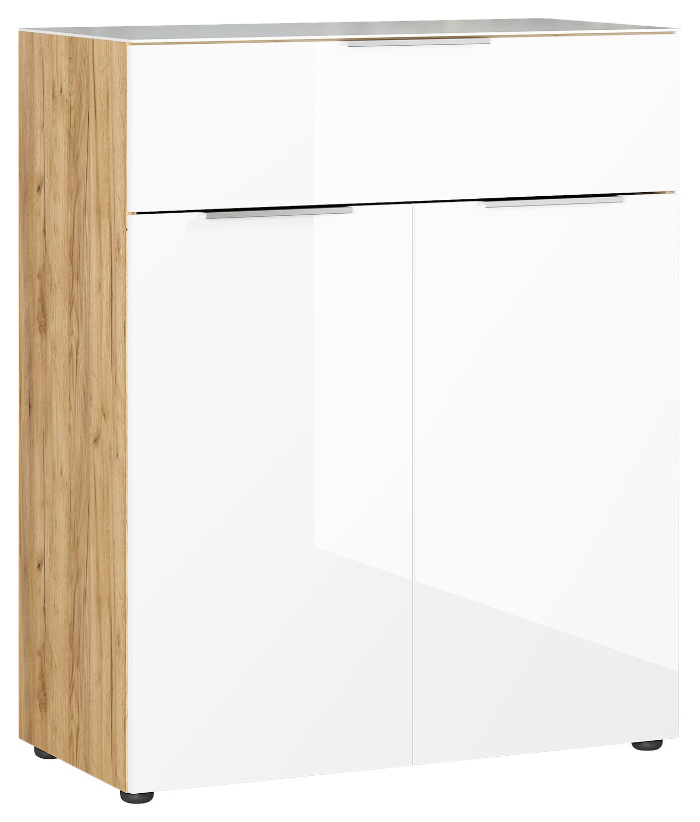 Moderne Kommode mit weißer Hochglanzfront und Holzseiten, seitliche Perspektive