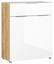 Moderne Kommode mit weißer Hochglanzfront und Holzseiten, seitliche Perspektive