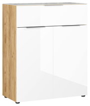 Moderne Kommode mit weißer Hochglanzfront und Holzseiten, seitliche Perspektive